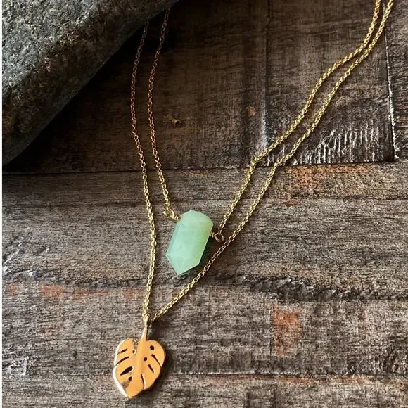 NEW Free People x Luna Norte Green Aventurine & Leaf Layer Necklace - Picture 5 of 15